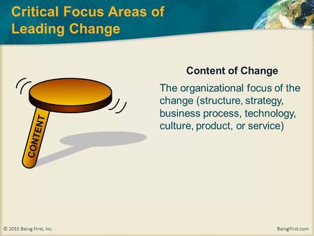 © 2015 Being First, Inc. BeingFirst.com Critical Focus Areas of Leading Change Content of Change The organizational focus of the change (structure, strategy,