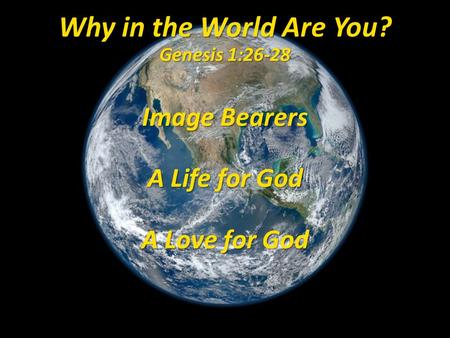 Image Bearers A Life for God A Love for God Why in the World Are You? Genesis 1:26-28.