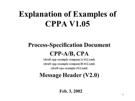 1 Explanation of Examples of CPPA V1.05 Process-Specification Document CPP-A/B, CPA (draft-cpp-example-companyA-012.xml) (draft-cpp-example-companyB-012.xml)
