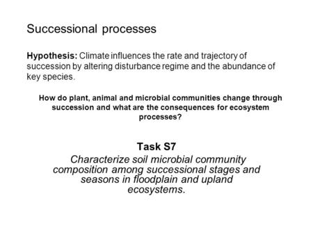 Successional processes Hypothesis: Climate influences the rate and trajectory of succession by altering disturbance regime and the abundance of key species.