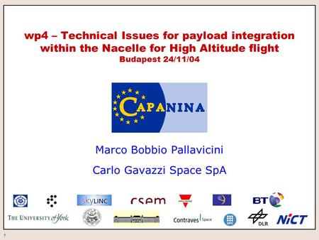 1 wp4 – Technical Issues for payload integration within the Nacelle for High Altitude flight Budapest 24/11/04 Marco Bobbio Pallavicini Carlo Gavazzi Space.