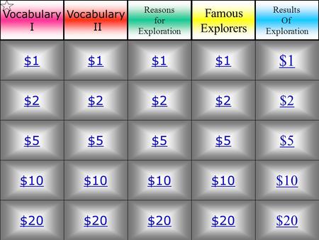$2 $5 $10 $20 $1 $2 $5 $10 $20 $1 $2 $5 $10 $20 $1 $2 $5 $10 $20 $1 $2 $5 $10 $20 $1 Vocabulary I Vocabulary II Reasons for Exploration Famous Explorers.