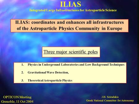 ILIAS Integrated Large Infrastructures for Astroparticle Science OPTICON Meeting Grenoble, 11 Oct 2004 J.H. Seiradakis Greek National Committee for Astronomy.