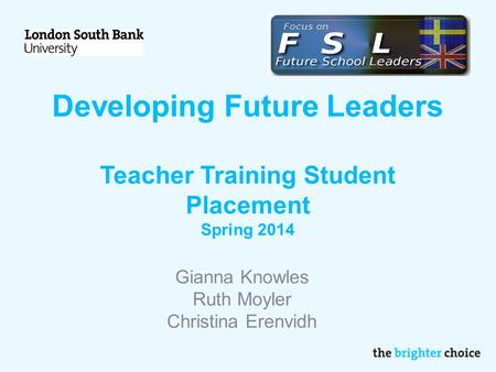 Developing Future Leaders Teacher Training Student Placement Spring 2014 Gianna Knowles Ruth Moyler Christina Erenvidh.