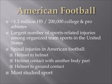  ~1.2 million HS / 200,000 college & pro athletes  Largest number of sports-related injuries among organized team sports in the United States  Spinal.