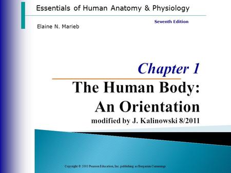 Essentials of Human Anatomy & Physiology Copyright © 2003 Pearson Education, Inc. publishing as Benjamin Cummings Seventh Edition Elaine N. Marieb.