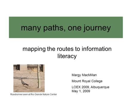 Many paths, one journey mapping the routes to information literacy Margy MacMillan Mount Royal College LOEX 2009, Albuquerque May 1, 2009 Roadrunner seen.