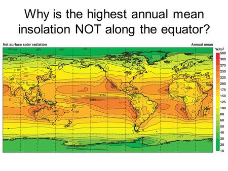 Why is the highest annual mean insolation NOT along the equator?
