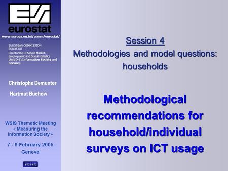 S t a r t Session 4 Methodologies and model questions: households Methodological recommendations for household/individual surveys on ICT usage Christophe.