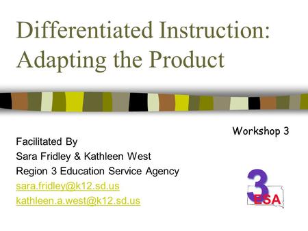 Differentiated Instruction: Adapting the Product Facilitated By Sara Fridley & Kathleen West Region 3 Education Service Agency