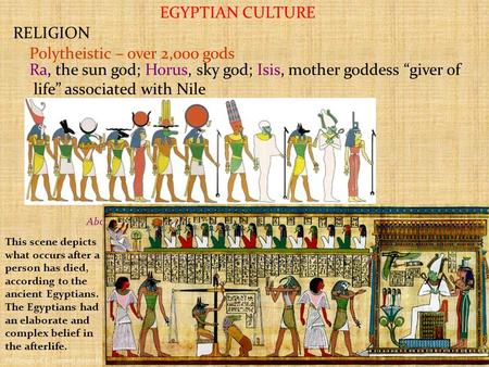 EGYPTIAN CULTURE RELIGION Polytheistic – over 2,000 gods Ra, the sun god; Horus, sky god; Isis, mother goddess “giver of life” associated with Nile Above: