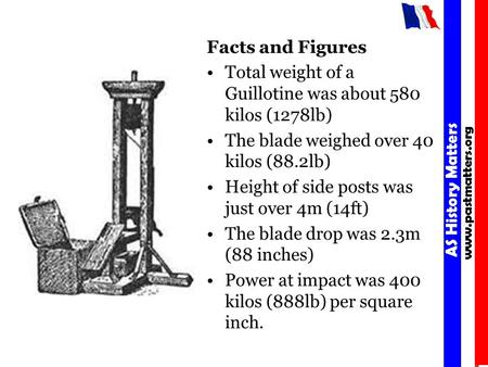 Facts and Figures Total weight of a Guillotine was about 580 kilos (1278lb) The blade weighed over 40 kilos (88.2lb) Height of side posts was just over.