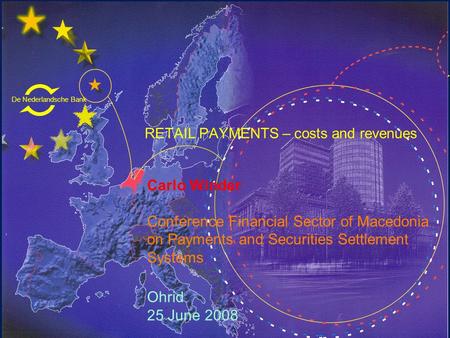 De Nederlandsche Bank Eurosysteem RETAIL PAYMENTS – costs and revenues Carlo Winder Conference Financial Sector of Macedonia on Payments and Securities.