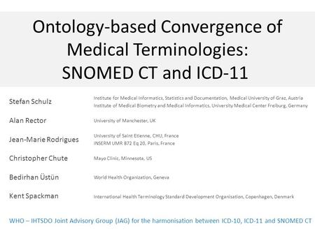 Ontology-based Convergence of Medical Terminologies: SNOMED CT and ICD-11 Institute for Medical Informatics, Statistics and Documentation, Medical University.