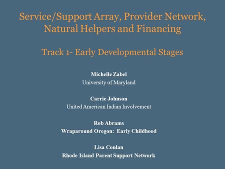 Service/Support Array, Provider Network, Natural Helpers and Financing Track 1- Early Developmental Stages Michelle Zabel University of Maryland Carrie.