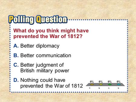 A.A B.B C.C D.D Section 4-Polling QuestionSection 4-Polling Question What do you think might have prevented the War of 1812? A.Better diplomacy B.Better.