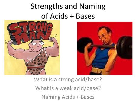 Strengths and Naming of Acids + Bases What is a strong acid/base? What is a weak acid/base? Naming Acids + Bases.