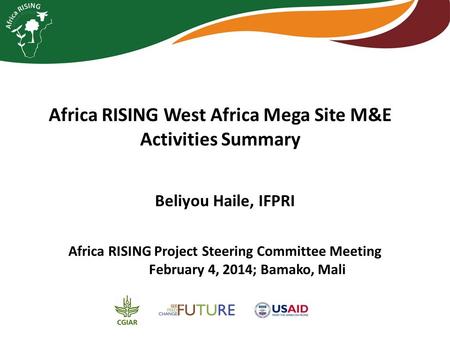 Africa RISING West Africa Mega Site M&E Activities Summary Africa RISING Project Steering Committee Meeting February 4, 2014; Bamako, Mali Beliyou Haile,