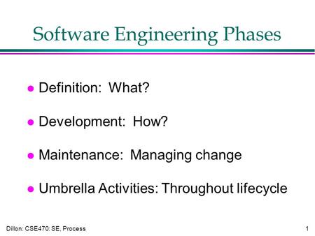 Dillon: CSE470: SE, Process1 Software Engineering Phases l Definition: What? l Development: How? l Maintenance: Managing change l Umbrella Activities: