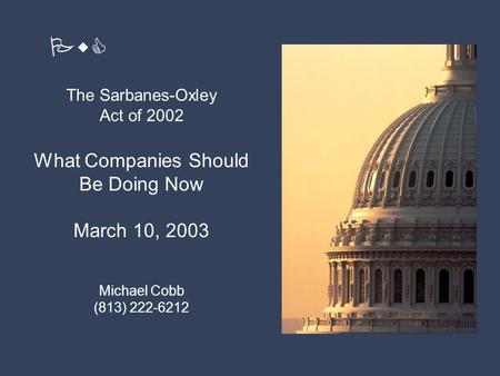 The Sarbanes-Oxley Act of 2002 1 PricewaterhouseCoopers Introduction of Panel Members The Sarbanes-Oxley Act of 2002 What Companies Should Be Doing Now.