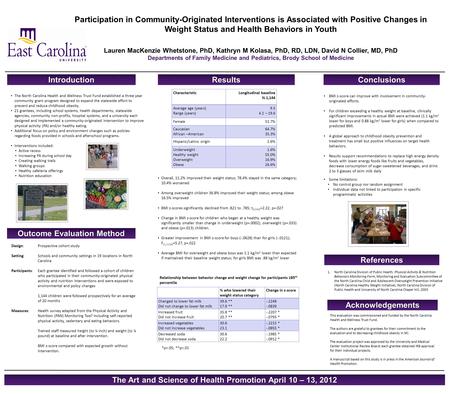 Participation in Community-Originated Interventions is Associated with Positive Changes in Weight Status and Health Behaviors in Youth Lauren MacKenzie.