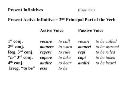 Present Infinitives (Page 206) Present Active Infinitive = 2 nd Principal Part of the Verb Active VoicePassive Voice 1 st conj.vocare to callvocari to.