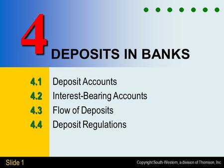 Copyright South-Western, a division of Thomson, Inc. Slide 1 DEPOSITS IN BANKS 4.1 4.1 Deposit Accounts 4.2 4.2 Interest-Bearing Accounts 4.3 4.3 Flow.