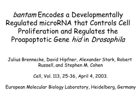 Bantam Encodes a Developmentally Regulated microRNA that Controls Cell Proliferation and Regulates the Proapoptotic Gene hid in Drosophila Julius Brennecke,