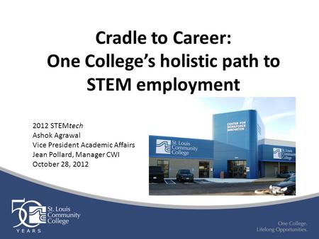 Cradle to Career: One College’s holistic path to STEM employment 2012 STEMtech Ashok Agrawal Vice President Academic Affairs Jean Pollard, Manager CWI.