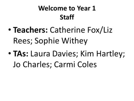 Welcome to Year 1 Staff Teachers: Catherine Fox/Liz Rees; Sophie Withey TAs: Laura Davies; Kim Hartley; Jo Charles; Carmi Coles.