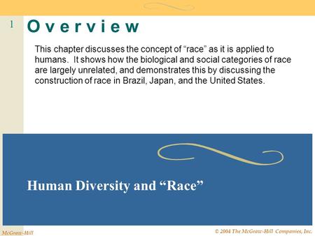 1 McGraw-Hill © 2004 The McGraw-Hill Companies, Inc. O v e r v i e w Human Diversity and “Race” This chapter discusses the concept of “race” as it is applied.