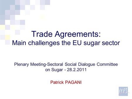 Trade Agreements: Main challenges the EU sugar sector Plenary Meeting-Sectoral Social Dialogue Committee on Sugar - 28.2.2011 Patrick PAGANI.