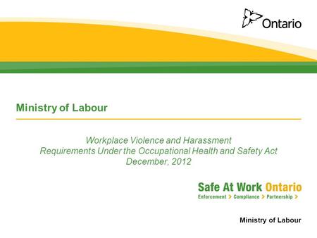 Ministry of Labour Workplace Violence and Harassment Requirements Under the Occupational Health and Safety Act December, 2012.