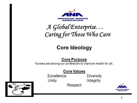 1 A Global Enterprise... Caring for Those Who Care Core Ideology Core Purpose Nurses advancing our profession to improve health for all. Core Values Excellence.