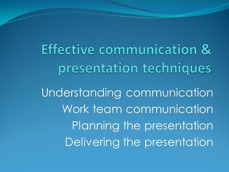 Understanding communication Work team communication Planning the presentation Delivering the presentation.