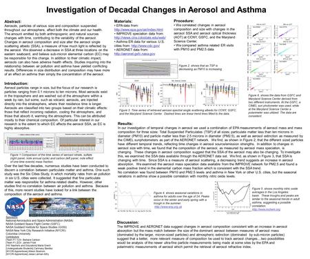 Investigation of Decadal Changes in Aerosol and Asthma Sponsors: National Aeronautics and Space Administration (NASA) NASA Goddard Space Flight Center.
