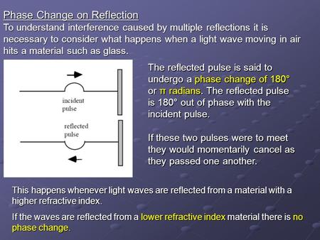 Phase Change on Reflection To understand interference caused by multiple reflections it is necessary to consider what happens when a light wave moving.