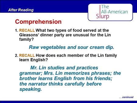 Comprehension Raw vegetables and sour cream dip.