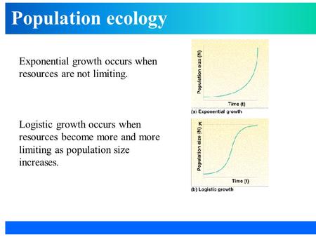 Population ecology Exponential growth occurs when resources are not limiting. Logistic growth occurs when resources become more and more limiting as population.