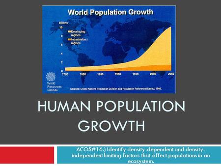 HUMAN POPULATION GROWTH ACOS#16.) Identify density-dependent and density- independent limiting factors that affect populations in an ecosystem.