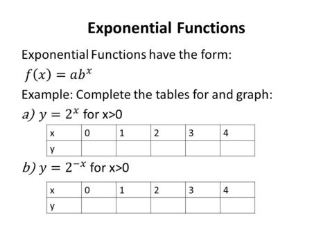 Exponential Functions x01234 y x01234 y. Exponential Growth and Decay.