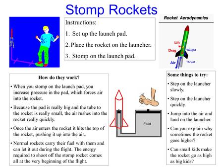 Stomp Rockets Instructions: 1. Set up the launch pad. 2.Place the rocket on the launcher. 3. Stomp on the launch pad. How do they work? When you stomp.