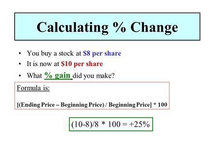 Calculating % Change You buy a stock at $8 per share It is now at $10 per share What % gain did you make? Formula is: [(Ending Price – Beginning Price)