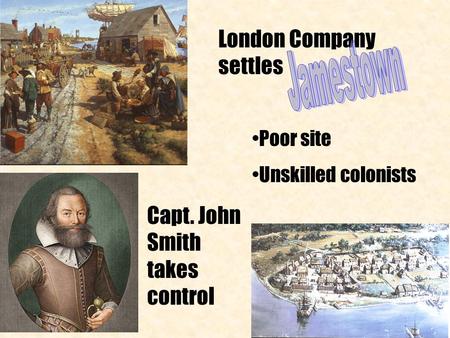London Company settles Poor site Unskilled colonists Capt. John Smith takes control.