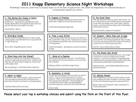 2011 Knapp Elementary Science Night Workshops Workshops listed are committed to Science Night as of the date of publication. We cannot be responsible for.