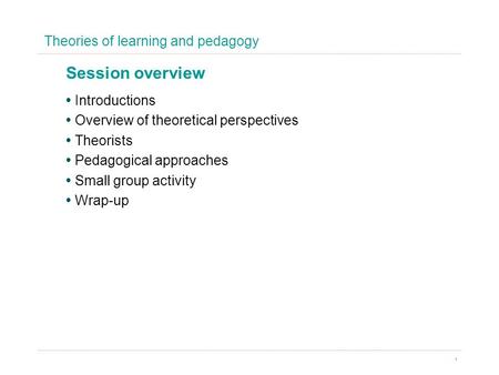 Theories of learning and pedagogy 1 Introductions Overview of theoretical perspectives Theorists Pedagogical approaches Small group activity Wrap-up Session.
