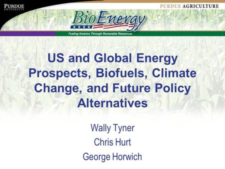 US and Global Energy Prospects, Biofuels, Climate Change, and Future Policy Alternatives Wally Tyner Chris Hurt George Horwich.