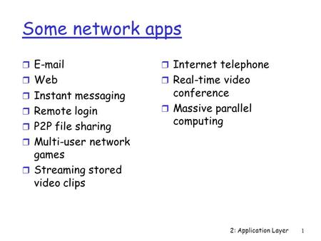 2: Application Layer1 Some network apps r E-mail r Web r Instant messaging r Remote login r P2P file sharing r Multi-user network games r Streaming stored.