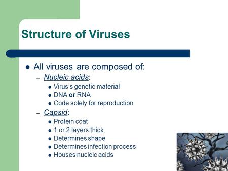 Structure of Viruses All viruses are composed of: – Nucleic acids: Virus’s genetic material DNA or RNA Code solely for reproduction – Capsid: Protein coat.