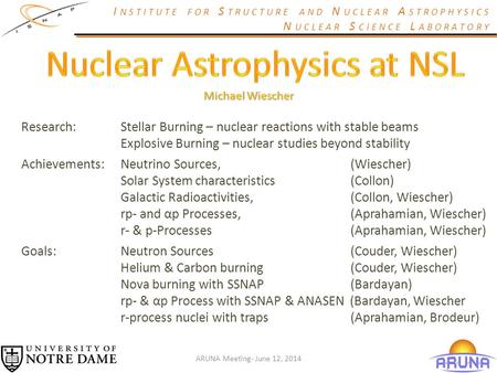 I NSTITUTE FOR S TRUCTURE AND N UCLEAR A STROPHYSICS N UCLEAR S CIENCE L ABORATORY Research:Stellar Burning – nuclear reactions with stable beams Explosive.